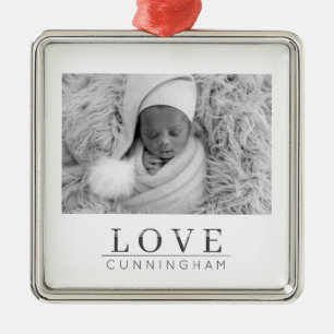 Modern Minimalist Love Baby Photo Family Name Metal Ornament