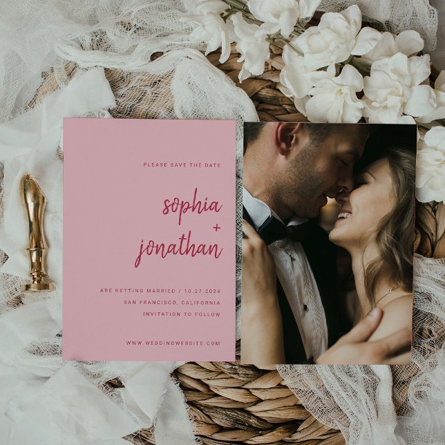Modern Minimalist Magenta and Pink  | Photo Back Save The Date (Creator Uploaded)