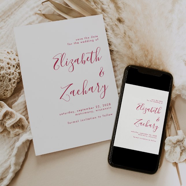 Modern Minimalist Magenta Script Save the Date Announcement (Creator Uploaded)