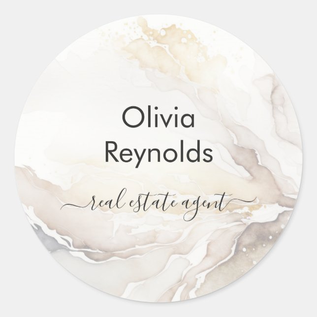 Modern Minimalist Marble Texture Neutral Name Classic Round Sticker (Front)