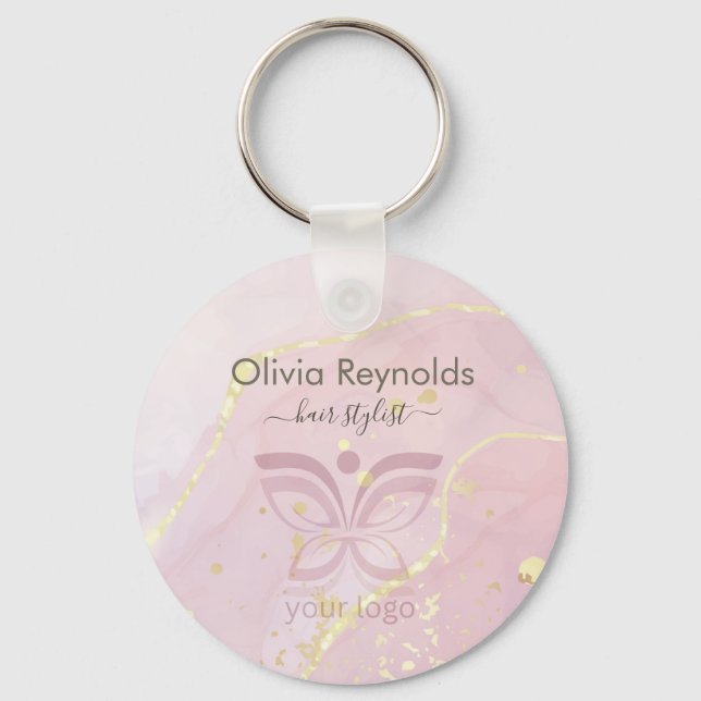 Modern Minimalist Marble Texture Overlay Pink Gold Keychain (Front)