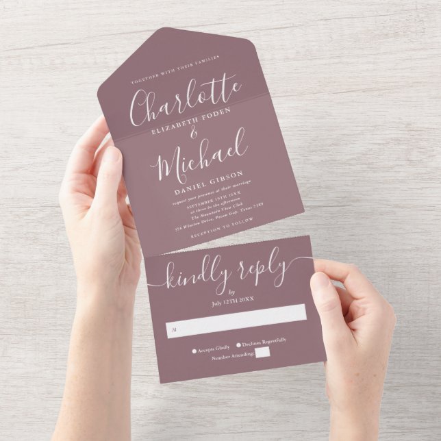 Modern Minimalist Mauve Script Wedding All In One Invitation (Tearaway)