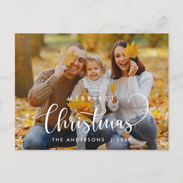 Modern Minimalist, Merriest Christmas Family Photo Postcard (Front)