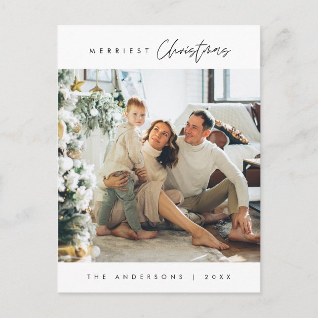 Modern Minimalist, Merriest Christmas Family Photo Postcard (Front)