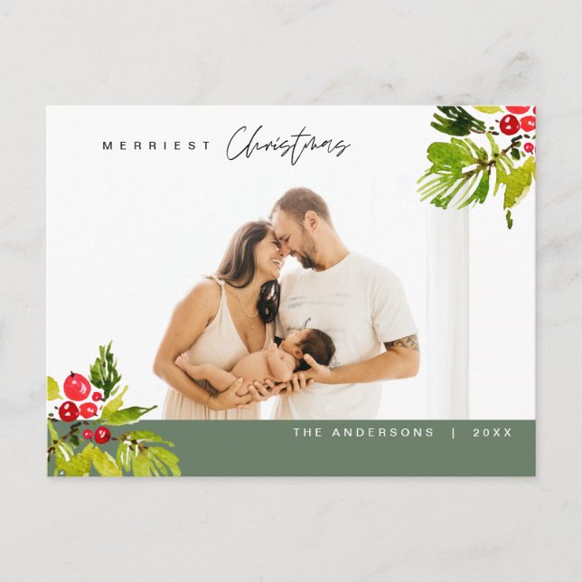 Modern Minimalist, Merriest Christmas Family Postcard (Front)