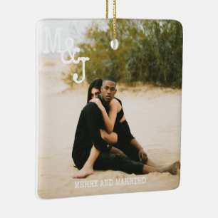 Modern Minimalist Merry and Married Photo Ceramic Ornament