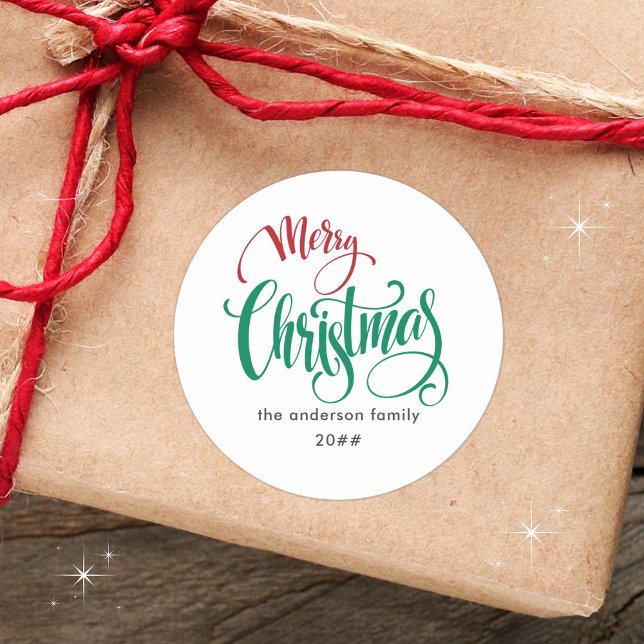Modern Minimalist Merry Christmas Family Name Classic Round Sticker (Available in different shapes and sizes. Glossy or matte. Merry Christmas!!)