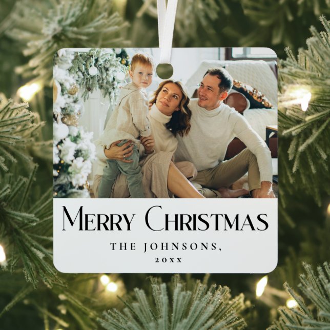 Modern Minimalist Merry Christmas Family Photo Metal Ornament (Insitu)