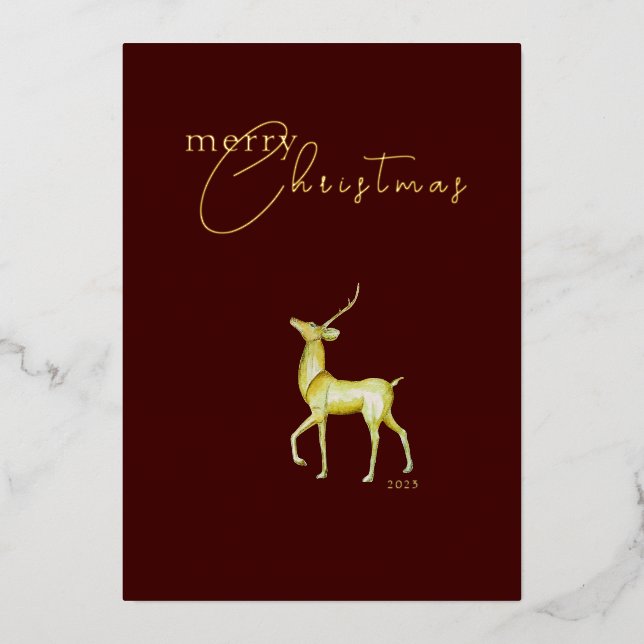 Modern Minimalist Merry Christmas Gold Reindeer  Foil Holiday Card (Front)