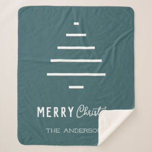 Modern Minimalist Merry Christmas Green Pine Tree Sherpa Blanket
