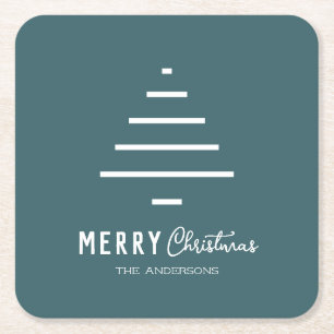Modern Minimalist Merry Christmas Green Pine Tree Square Paper Coaster