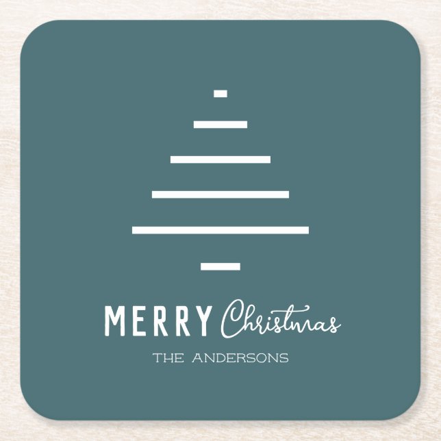 Modern Minimalist Merry Christmas Green Pine Tree  Square Paper Coaster (Front)