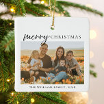 Modern Minimalist Merry Christmas Photo Ceramic Ornament<br><div class="desc">Merry Christmas ! Send your warm wishes to friends and family this holiday season with a customizable photo collage Christmas ornament featuring simple modern typography. Personalize by adding your custom photos,  names,  year and other details. This minimal Christmas ornament is available in other colours.</div>