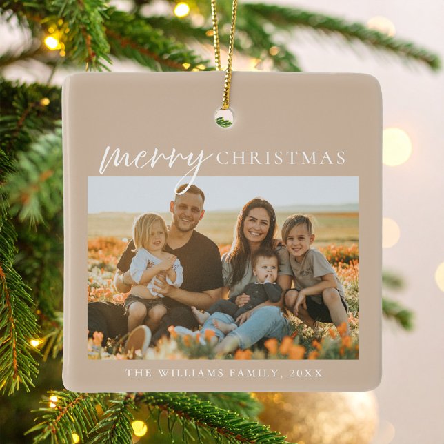 Modern Minimalist Merry Christmas Photo Ceramic Ornament (Creator Uploaded)