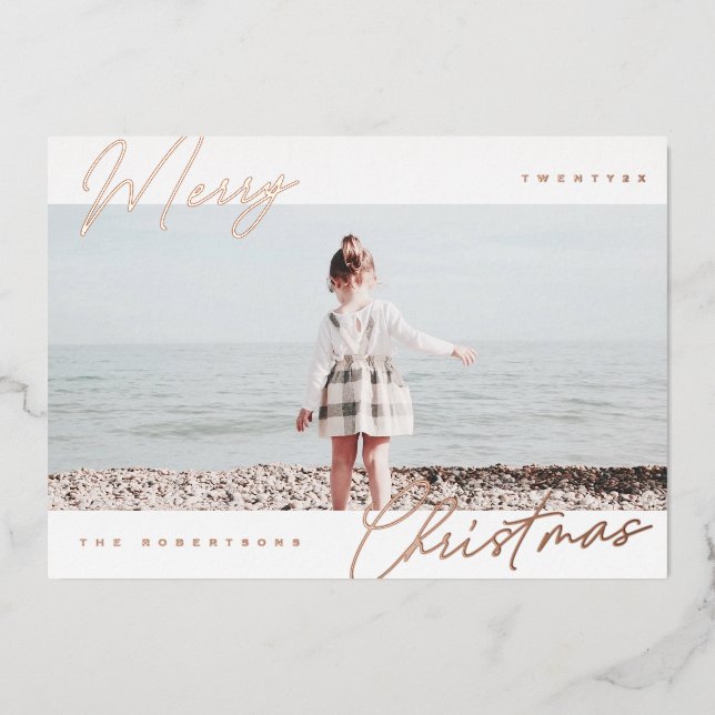 Modern Minimalist Merry Christmas Photo Foil Holiday Card (Front)