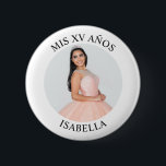 Modern Minimalist Mis XV Años Photo<br><div class="desc">Create your own personalized white border photo round button for your her 15th birthday. Customize the solid white background colour or the black text colour to match your photo. If you change the font type or size, you can fine tune the curvature of the text in small increments. Have fun...</div>