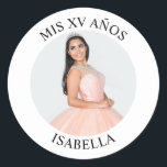 Modern Minimalist Mis XV Años Photo Classic Round Sticker<br><div class="desc">Create your own personalized white border photo round envelope seals for your her 15th birthday. Customize the solid white background colour or the black text colour to match your photo. If you change the font type or size, you can fine tune the curvature of the text in small increments. Have...</div>