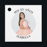 Modern Minimalist Mis XV Años Photo Favour Tags<br><div class="desc">Create your own personalized white border round photo square favour tag for your her 15th birthday. Customize the solid white background colour or the black text colour to match your photo. If you change the font type or size, you can fine tune the curvature of the text in small increments....</div>