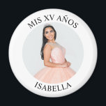 Modern Minimalist Mis XV Años Photo Magnet<br><div class="desc">Create your own personalized white border photo round kitchen magnet for your her 15th birthday. Customize the solid white background colour or the black text colour to match your photo. If you change the font type or size, you can fine tune the curvature of the text in small increments. Have...</div>