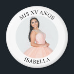 Modern Minimalist Mis XV Años Photo Magnet<br><div class="desc">Create your own personalized white border photo round kitchen magnet for your her 15th birthday. Customize the solid white background colour or the black text colour to match your photo. If you change the font type or size, you can fine tune the curvature of the text in small increments. Have...</div>