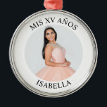 Modern Minimalist Mis XV Años Photo Metal Ornament<br><div class="desc">Create your own personalized white border photo round premium Christmas keepsake ornament for your her 15th birthday. Customize the solid white background colour or the black text colour to match your photo. If you change the font type or size, you can fine tune the curvature of the text in small...</div>