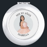Modern Minimalist Mis XV Años Round Photo Compact Mirror<br><div class="desc">Create your own personalized white border round compact mirror for your her 15th birthday. Customize the solid white background colour or the black text colour to match your photo. If you change the font type or size, you can fine tune the curvature of the text in small increments. Have fun...</div>
