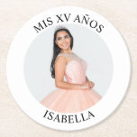 Modern Minimalist Mis XV Años Round Photo Round Paper Coaster<br><div class="desc">Create your own personalized white border round photo paper party coaster for your her 15th birthday. Customize the solid white background colour or the black text colour to match your photo. If you change the font type or size, you can fine tune the curvature of the text in small increments....</div>