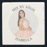Modern Minimalist Mis XV Años Round Photo Stone Coaster<br><div class="desc">Create your own personalized white border round photo stone coaster for your her 15th birthday. Customize the solid white background colour or the black text colour to match your photo. If you change the font type or size, you can fine tune the curvature of the text in small increments. Have...</div>