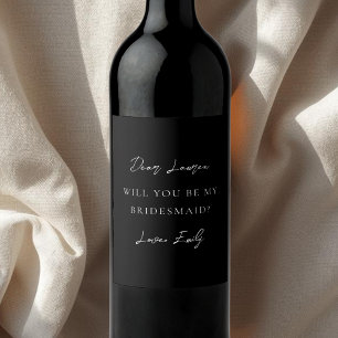 Modern Minimalist Monochrome Bridesmaid Proposal Wine Label