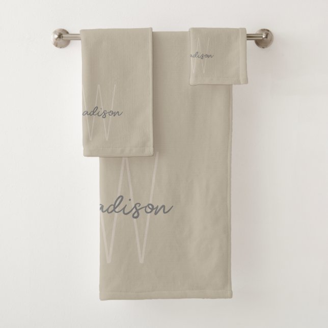 Modern Minimalist Monogram Beige Script Name Bath Towel Set (Insitu)