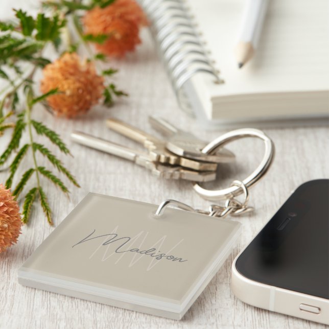 Modern Minimalist Monogram Beige Script Name Keychain (Front Right)