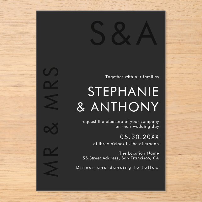 Modern Minimalist Monogram Black and White Wedding Acrylic Invitations (Front)