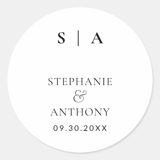 Modern Minimalist Monogram Black and White Wedding Classic Round Sticker (Front)
