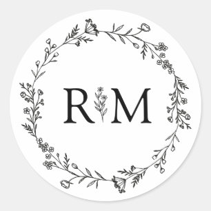 modern minimalist monogram botanical wedding classic round sticker