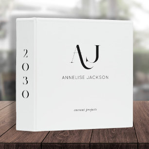 Modern minimalist monogram elegant black and white binder
