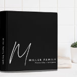 Modern Minimalist Monogram Family Recipes Binder<br><div class="desc">Modern recipe binder features a minimal design in a black and white color palette. Custom family name presented in the lower right-hand corner in stylish simple font with a complimentary minimal monogram initial. Shown with a custom name and monogram initial on the front in modern typography, this personalized family recipe...</div>