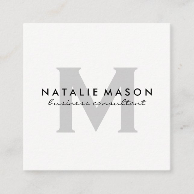 Modern Minimalist Monogram Grey on White Square Business Card (Front)