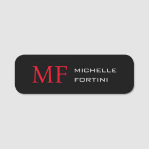 Modern Minimalist Monogram Initial Plain Red Black Name Tag