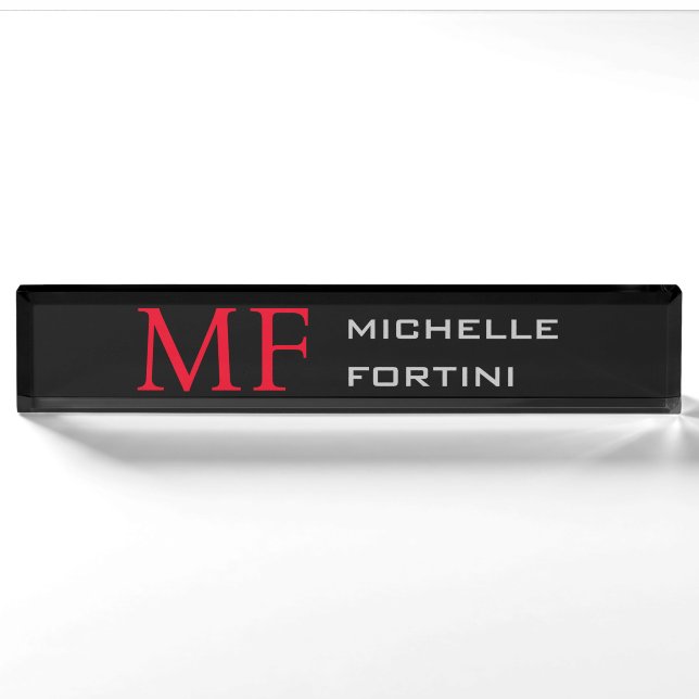Modern Minimalist Monogram Initial Plain Red Black Nameplate (Front)