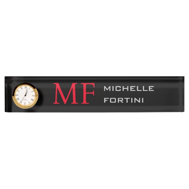 Modern Minimalist Monogram Initial Plain Red Black Nameplate (Front)