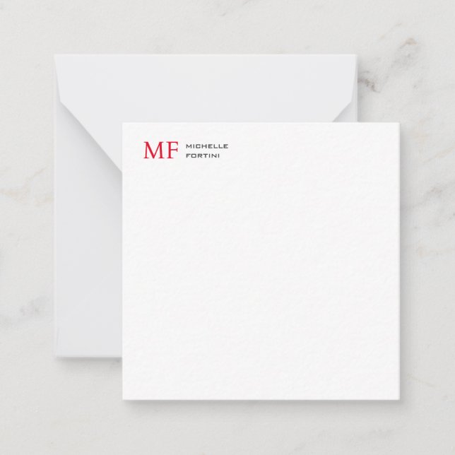 Modern Minimalist Monogram Initial Plain Red White Card (Front)