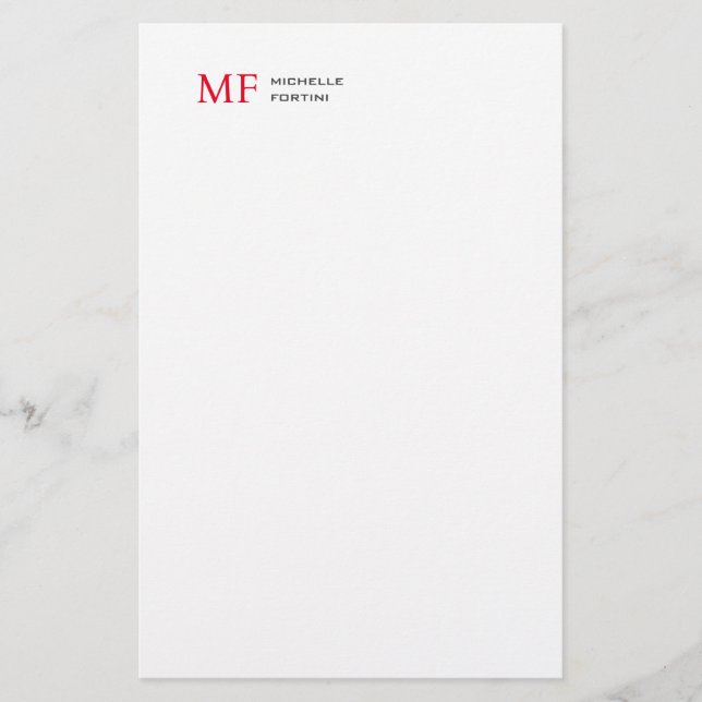 Modern Minimalist Monogram Initial Plain Red White Stationery (Front)