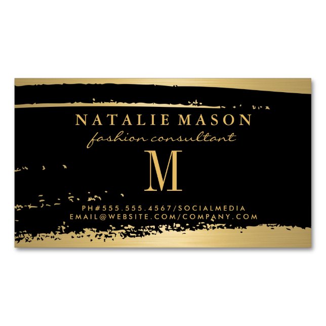 Modern Minimalist Monogram on Black/Gold Brushed Magnetic Business Card (Front)