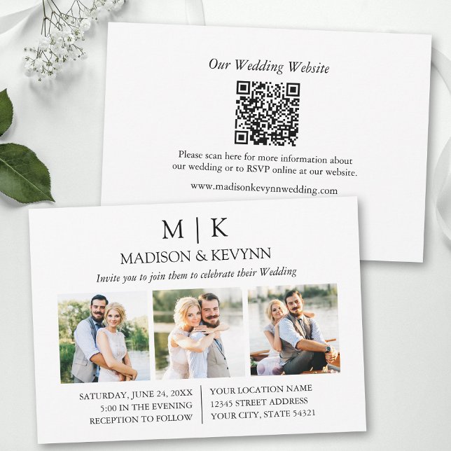 Modern Minimalist Monogram QR Code 3 Photo Wedding Invitation (Add your wedding website or social media web address to the QR Scan Code.)