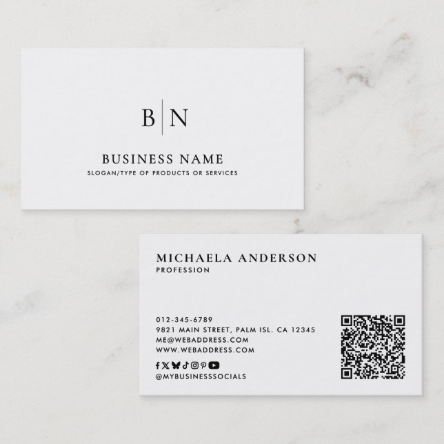 Modern Minimalist Monogram QR Code & Social Media Business Card (Front/Back)