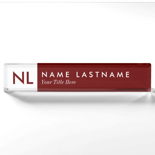 Modern Minimalist Monogram Red Desk Nameplate (Front)