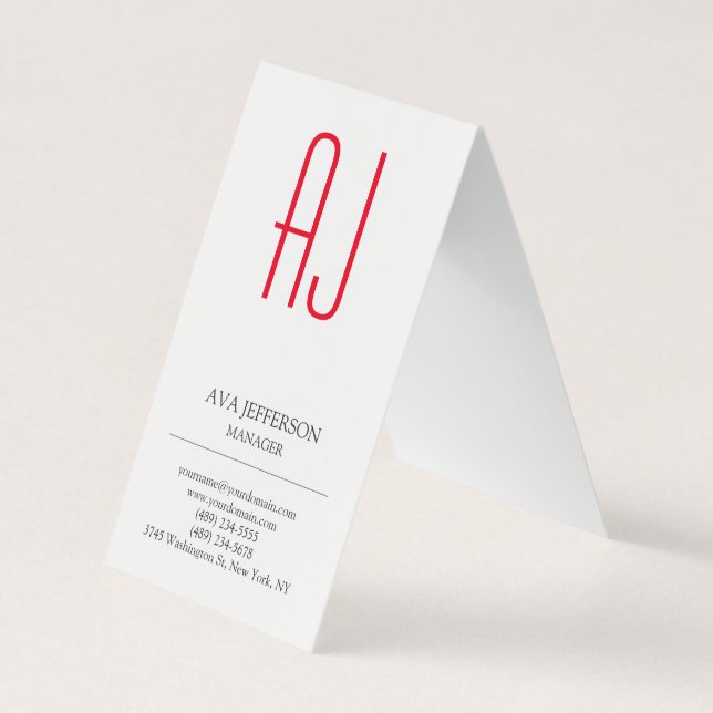 Modern Minimalist Monogram Red White Plain Business Card (Front)