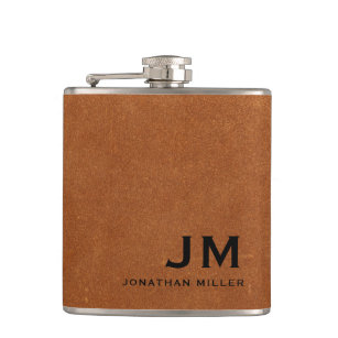 Modern Minimalist Monogram Sable Brown Leather Hip Flask