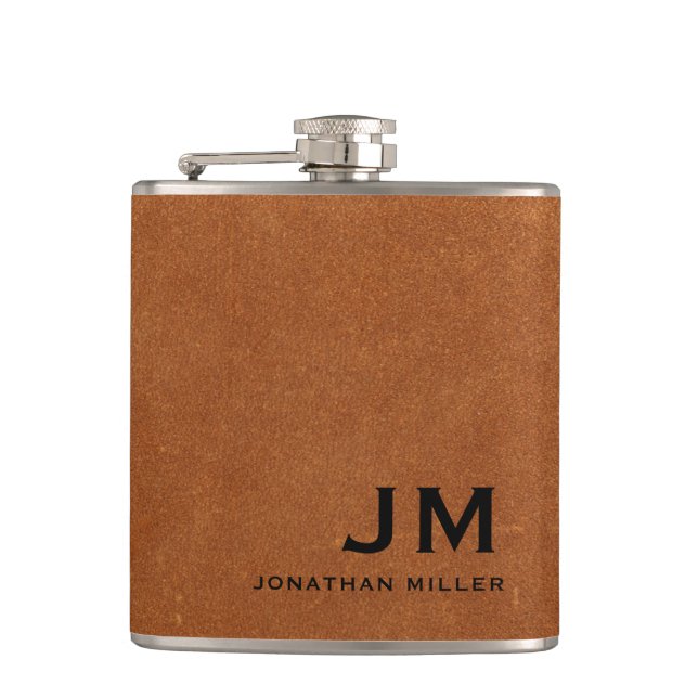 Modern Minimalist Monogram Sable Brown Leather Hip Flask (Front)