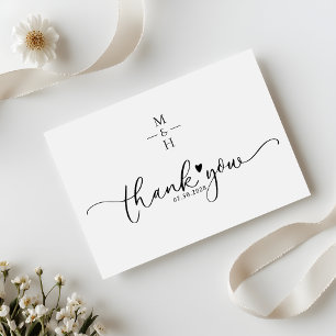 Modern Minimalist Monogram Script Heart Wedding Thank You Card